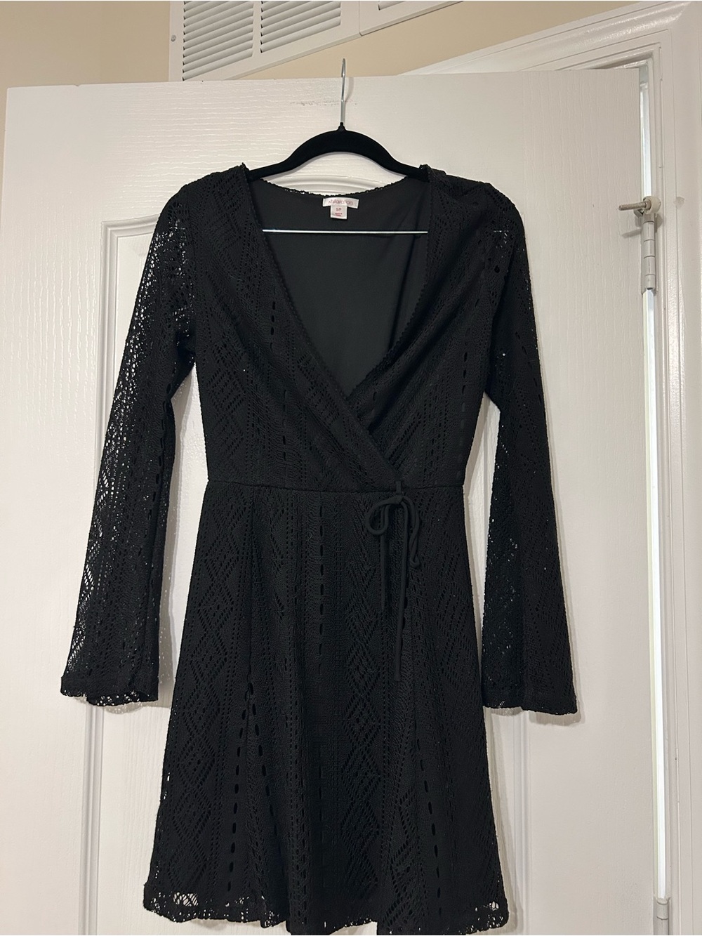 Xhilaration Black Lace Long Sleeve Wrap Dress with Tie